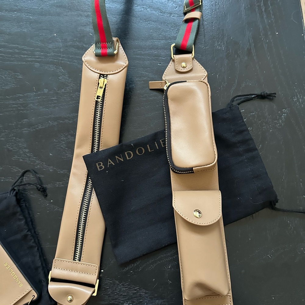 Bandolier tan leather Phone Case with Gucci inspired strap iPhone 14 ProMax NWT